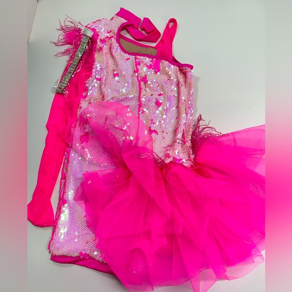 Weissman Costume Asymmetrical Side Bustle Biketard Pink Sequin NEW XL Adult - Picture 4 of 10